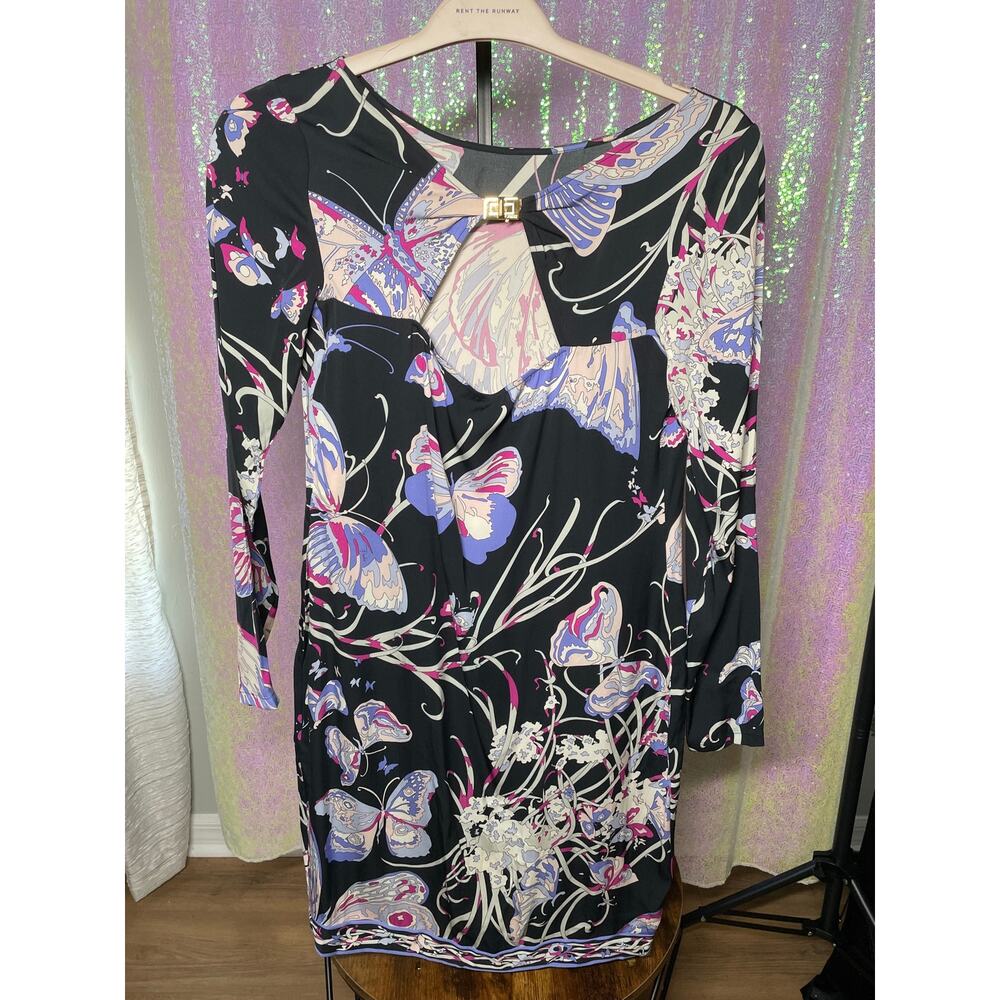 Emilio Pucci Butterfly Print Sheath Dress US 8 Black Pink Y2K Ruched Silk Blend - Picture 5 of 10